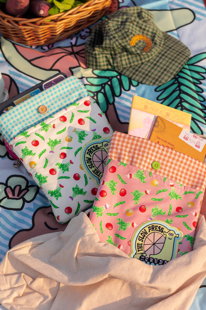 Booksleeves in two colours: blue and pink.